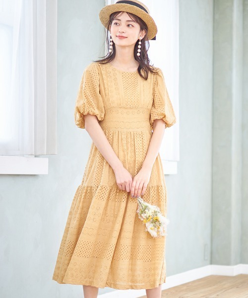 Cookie Chocolate（クッキーチョコレート）の「パフスリーブカットワークレースワンピース《@picaruuuセレクトアイテム》（ワンピース・レディース・イエロー/ミント・M）」の2枚目の写真