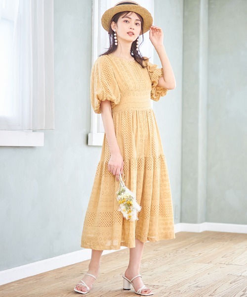 Cookie Chocolate（クッキーチョコレート）の「パフスリーブカットワークレースワンピース《@picaruuuセレクトアイテム》（ワンピース・レディース・イエロー/ミント・M）」の11枚目の写真