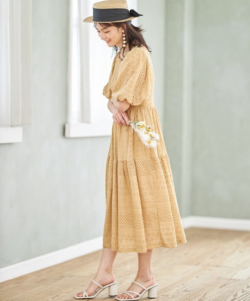 Cookie Chocolate（クッキーチョコレート）の「パフスリーブカットワークレースワンピース《@picaruuuセレクトアイテム》（ワンピース・レディース・イエロー/ミント・M）」の8枚目の写真