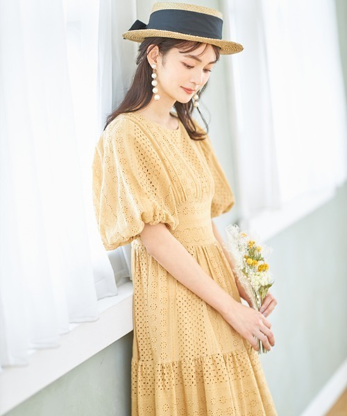 Cookie Chocolate（クッキーチョコレート）の「パフスリーブカットワークレースワンピース《@picaruuuセレクトアイテム》（ワンピース・レディース・イエロー/ミント・M）」の5枚目の写真