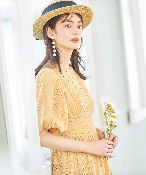 Cookie Chocolate（クッキーチョコレート）の「パフスリーブカットワークレースワンピース《@picaruuuセレクトアイテム》（ワンピース・レディース・イエロー/ミント・M）」の10枚目の写真