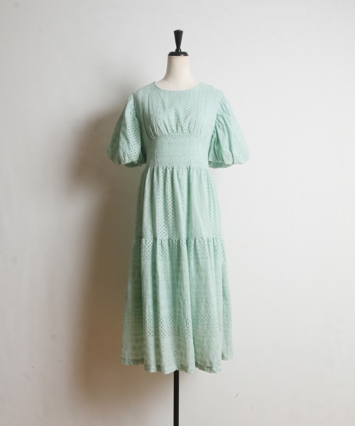 Cookie Chocolate（クッキーチョコレート）の「パフスリーブカットワークレースワンピース《@picaruuuセレクトアイテム》（ワンピース・レディース・イエロー/ミント・M）」の7枚目の写真