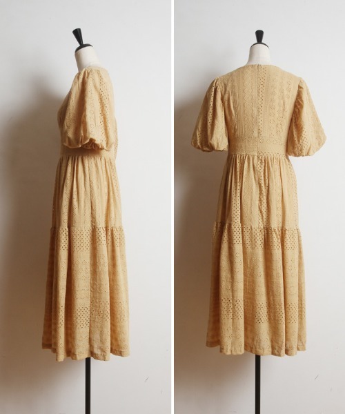 Cookie Chocolate（クッキーチョコレート）の「パフスリーブカットワークレースワンピース《@picaruuuセレクトアイテム》（ワンピース・レディース・イエロー/ミント・M）」の4枚目の写真