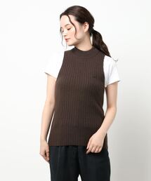 カシミヤ3×3リブステッチスリーブレスハイネックプルオーバー