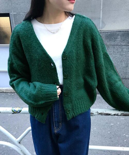 INGNI(イング)の「モヘアタッチ畦ショートニットカーディガン(カーディガン/ボレロ・レディース・ブルー/アイボリー/イエロー系3/グリーン/オレンジ/ブラック/レッド/ピンク・M)」の4枚目の写真