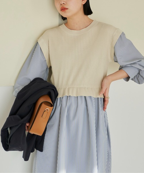 Aunt Marie's（アントマリーズ）の「ミニベストドッキングシャツワンピース / 低身長向けSサイズ展開有（ワンピース・レディース・パープル/アイボリー/ブラック・FREE/S）」の6枚目の写真