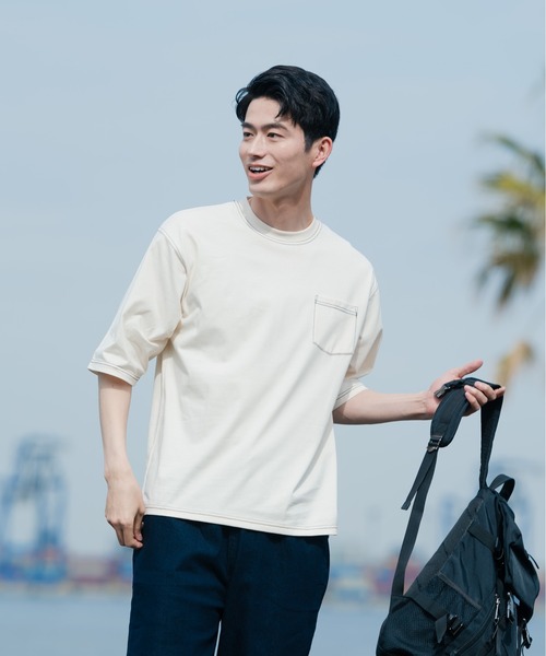 Blue Standard (ブルースタンダード)の「【BLUE STANDARD/ブルースタンダード】汗染みの目立ちにくいTシャツ ZEROSTAIN 配色ステッチビッグTシャツ(Tシャツ/カットソー・メンズ・ピンク系その他/ベージュ/アイボリー/ブラック/サックスブルー・MEDIUM/X-LARGE/LARGE)」の3枚目の写真