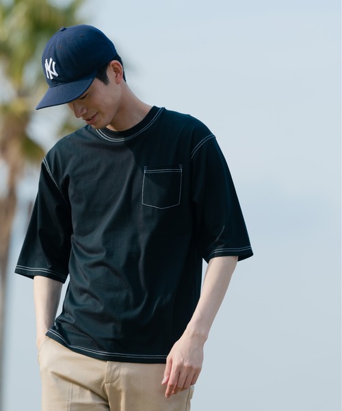 Blue Standard (ブルースタンダード)の「【BLUE STANDARD/ブルースタンダード】汗染みの目立ちにくいTシャツ ZEROSTAIN 配色ステッチビッグTシャツ(Tシャツ/カットソー・メンズ・ピンク系その他/ベージュ/アイボリー/ブラック/サックスブルー・MEDIUM/X-LARGE/LARGE)」の2枚目の写真