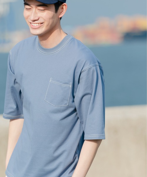 Blue Standard (ブルースタンダード)の「【BLUE STANDARD/ブルースタンダード】汗染みの目立ちにくいTシャツ ZEROSTAIN 配色ステッチビッグTシャツ(Tシャツ/カットソー・メンズ・ピンク系その他/ベージュ/アイボリー/ブラック/サックスブルー・MEDIUM/X-LARGE/LARGE)」の19枚目の写真