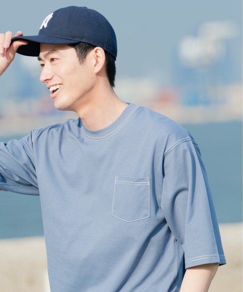 Blue Standard (ブルースタンダード)の「【BLUE STANDARD/ブルースタンダード】汗染みの目立ちにくいTシャツ ZEROSTAIN 配色ステッチビッグTシャツ(Tシャツ/カットソー・メンズ・ピンク系その他/ベージュ/アイボリー/ブラック/サックスブルー・MEDIUM/X-LARGE/LARGE)」の20枚目の写真