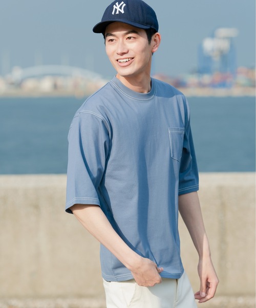 Blue Standard (ブルースタンダード)の「【BLUE STANDARD/ブルースタンダード】汗染みの目立ちにくいTシャツ ZEROSTAIN 配色ステッチビッグTシャツ(Tシャツ/カットソー・メンズ・ピンク系その他/ベージュ/アイボリー/ブラック/サックスブルー・MEDIUM/X-LARGE/LARGE)」の14枚目の写真