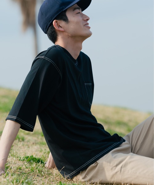 Blue Standard (ブルースタンダード)の「【BLUE STANDARD/ブルースタンダード】汗染みの目立ちにくいTシャツ ZEROSTAIN 配色ステッチビッグTシャツ(Tシャツ/カットソー・メンズ・ピンク系その他/ベージュ/アイボリー/ブラック/サックスブルー・MEDIUM/X-LARGE/LARGE)」の7枚目の写真