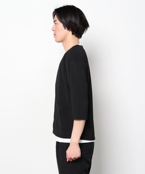 URBAN COLLECTION（アーバンコレクション）の「梨地ボタンレス7分袖カーディガン+半袖Tシャツ セット アンサンブル（カーディガン/ボレロ・メンズ・ブラック/ネイビー/チャコール/グレイッシュベージュ・L/M/XL）」の7枚目の写真