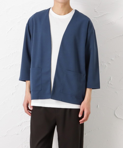 URBAN COLLECTION（アーバンコレクション）の「梨地ボタンレス7分袖カーディガン+半袖Tシャツ セット アンサンブル（カーディガン/ボレロ・メンズ・ブラック/ネイビー/チャコール/グレイッシュベージュ・L/M/XL）」の4枚目の写真