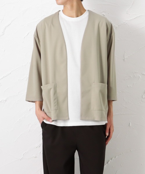 URBAN COLLECTION（アーバンコレクション）の「梨地ボタンレス7分袖カーディガン+半袖Tシャツ セット アンサンブル（カーディガン/ボレロ・メンズ・ブラック/ネイビー/チャコール/グレイッシュベージュ・L/M/XL）」の3枚目の写真