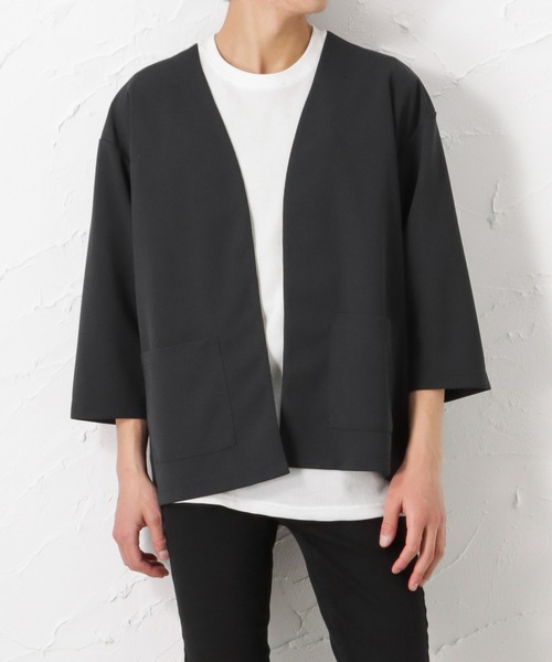 URBAN COLLECTION（アーバンコレクション）の「梨地ボタンレス7分袖カーディガン+半袖Tシャツ セット アンサンブル（カーディガン/ボレロ・メンズ・ブラック/ネイビー/チャコール/グレイッシュベージュ・L/M/XL）」の2枚目の写真
