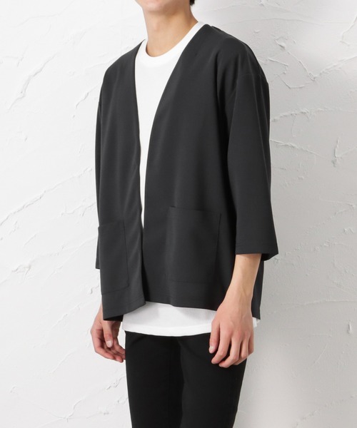 URBAN COLLECTION（アーバンコレクション）の「梨地ボタンレス7分袖カーディガン+半袖Tシャツ セット アンサンブル（カーディガン/ボレロ・メンズ・ブラック/ネイビー/チャコール/グレイッシュベージュ・L/M/XL）」の16枚目の写真