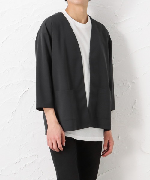 URBAN COLLECTION（アーバンコレクション）の「梨地ボタンレス7分袖カーディガン+半袖Tシャツ セット アンサンブル（カーディガン/ボレロ・メンズ・ブラック/ネイビー/チャコール/グレイッシュベージュ・L/M/XL）」の13枚目の写真