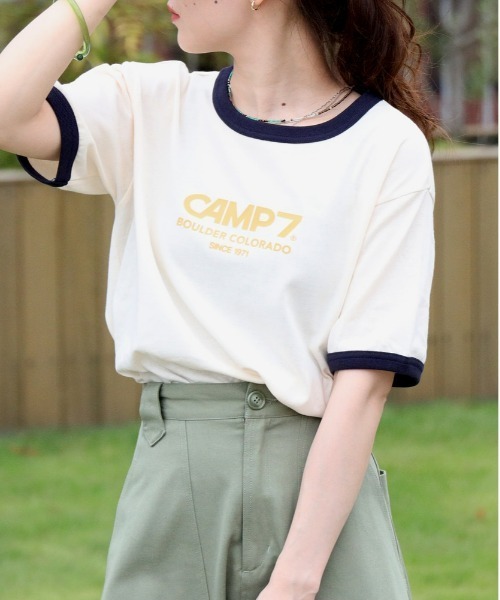 CAMP7（キャンプセブン）の「【CAMP7】フロッキープリントリンガー半袖Ｔシャツ（Tシャツ/カットソー・レディース・ホワイト/グリーン/ブラウン・L/M）」の2枚目の写真