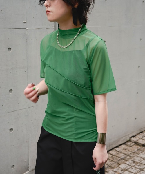 Ezick（エジック）の「【&g’aime】シアーメロートップス（Tシャツ/カットソー・レディース・ブラック/グリーン・FREE）」の7枚目の写真