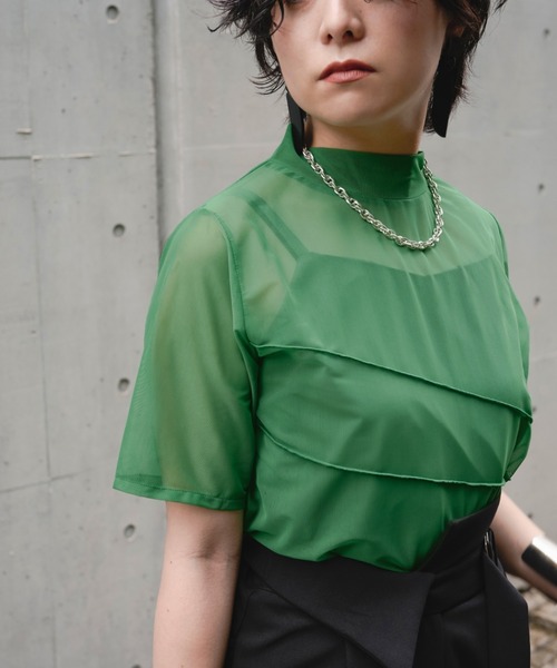 Ezick（エジック）の「【&g’aime】シアーメロートップス（Tシャツ/カットソー・レディース・ブラック/グリーン・FREE）」の10枚目の写真