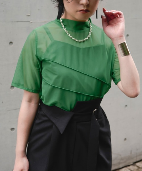 Ezick（エジック）の「【&g’aime】シアーメロートップス（Tシャツ/カットソー・レディース・ブラック/グリーン・FREE）」の20枚目の写真