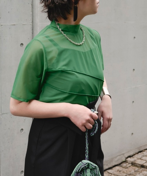 Ezick（エジック）の「【&g’aime】シアーメロートップス（Tシャツ/カットソー・レディース・ブラック/グリーン・FREE）」の4枚目の写真