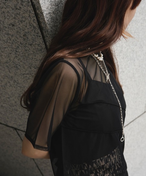 Ezick（エジック）の「【&g’aime】シアーメロートップス（Tシャツ/カットソー・レディース・ブラック/グリーン・FREE）」の6枚目の写真