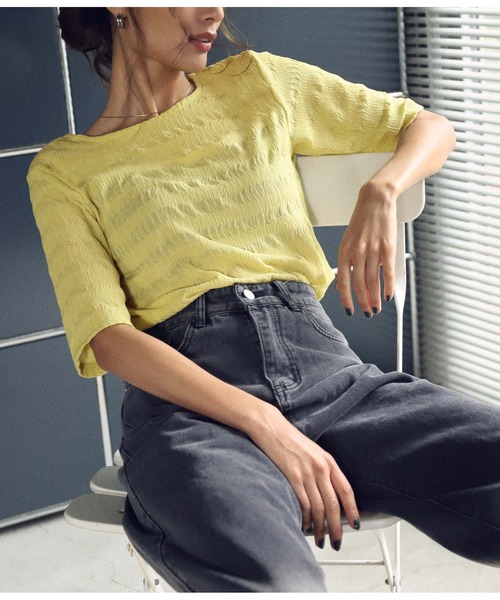 Settimissimo(セッティミッシモ)の「シアーシャーリング2WAYデザイントップスカットソー(Tシャツ/カットソー・レディース・ブラック/ライム/アイボリー・FREE)」の8枚目の写真