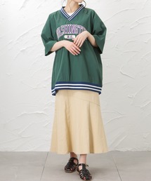 Vネックラインリブ布帛プルオーバー