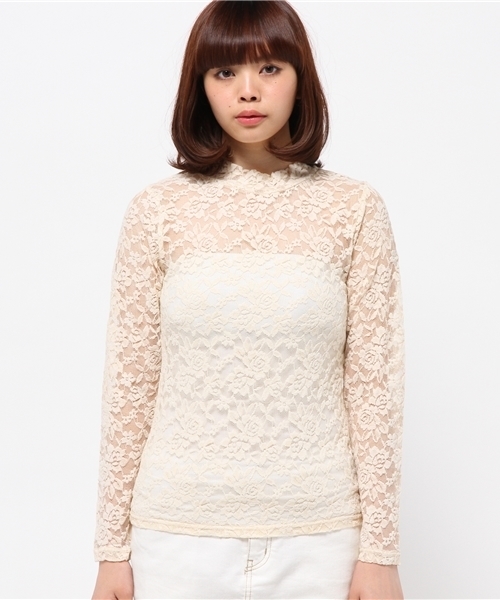 OUTLET（アウトレット）の「【Discoat】総レースハイネックL/S（Tシャツ/カットソー・レディース・オフホワイト/ブラック・FREE）」の3枚目の写真