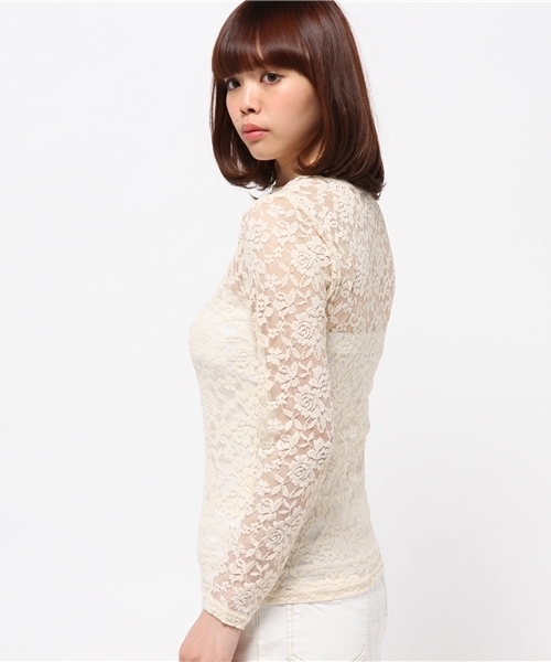 OUTLET（アウトレット）の「【Discoat】総レースハイネックL/S（Tシャツ/カットソー・レディース・オフホワイト/ブラック・FREE）」の4枚目の写真