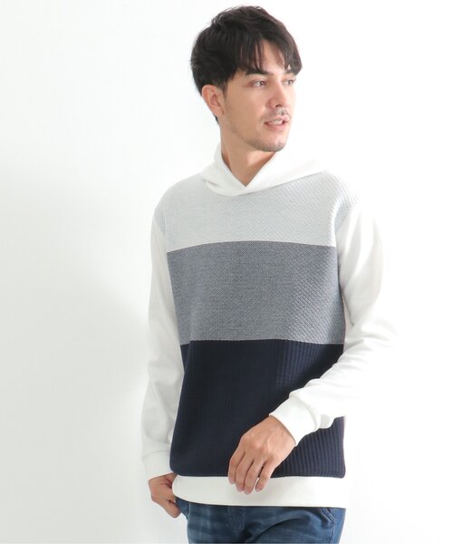 ikka（イッカ）の「切り替えジャガードプルパーカー（スウェット・メンズ・ホワイト/ネイビー・S/M/L/XL）」の3枚目の写真