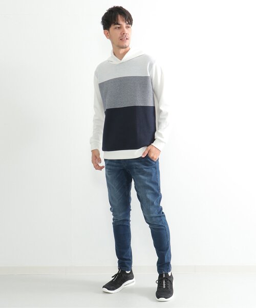 ikka（イッカ）の「切り替えジャガードプルパーカー（スウェット・メンズ・ホワイト/ネイビー・S/M/L/XL）」の7枚目の写真