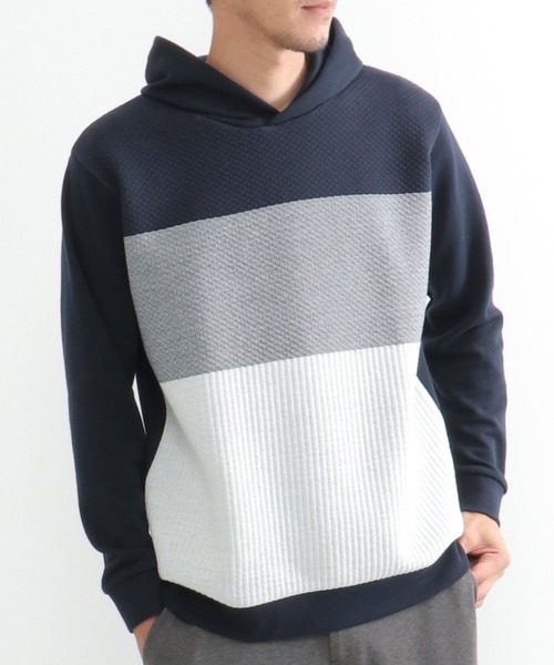 ikka（イッカ）の「切り替えジャガードプルパーカー（スウェット・メンズ・ホワイト/ネイビー・S/M/L/XL）」の2枚目の写真