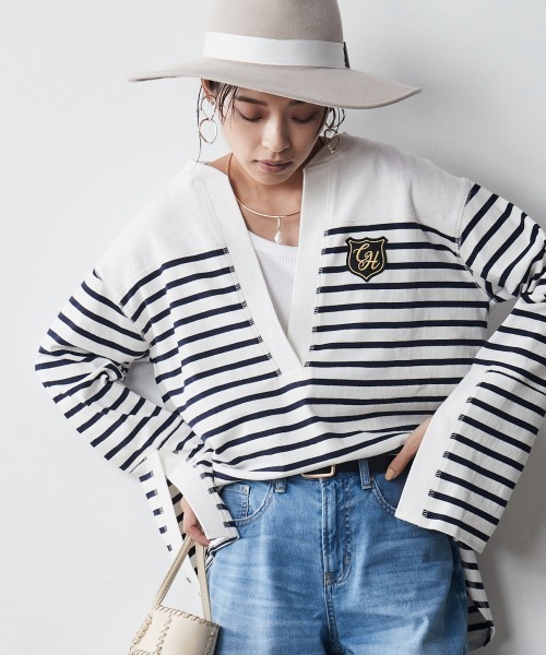 CHIC STYLE（シックスタイル）の「＜大きいサイズ＞綿100％スキッパーボーダーカットソープルオーバー シックスタイル（Tシャツ/カットソー・レディース・ブラック系/ネイビー系・L/LL/3L/5L/4L）」の2枚目の写真