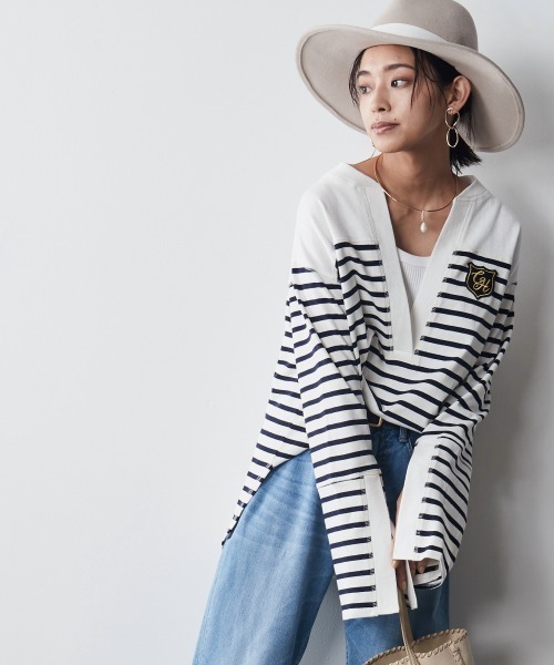 CHIC STYLE（シックスタイル）の「＜大きいサイズ＞綿100％スキッパーボーダーカットソープルオーバー シックスタイル（Tシャツ/カットソー・レディース・ブラック系/ネイビー系・L/LL/3L/5L/4L）」の3枚目の写真