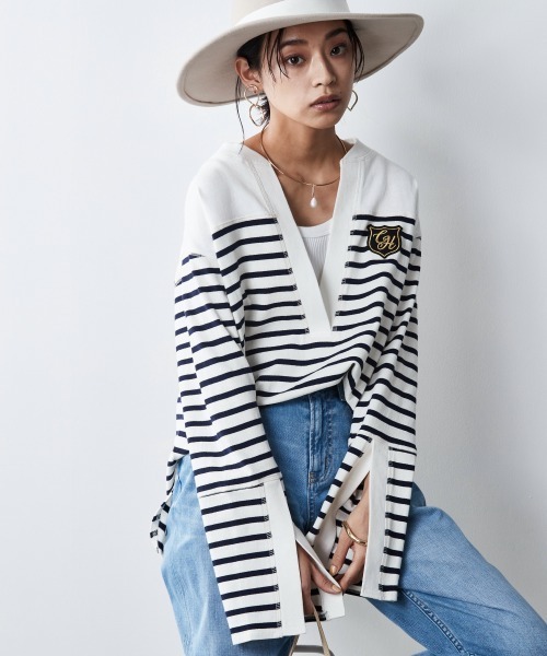 CHIC STYLE（シックスタイル）の「＜大きいサイズ＞綿100％スキッパーボーダーカットソープルオーバー シックスタイル（Tシャツ/カットソー・レディース・ブラック系/ネイビー系・L/LL/3L/5L/4L）」の7枚目の写真