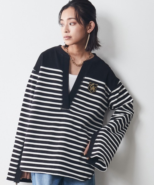 CHIC STYLE（シックスタイル）の「＜大きいサイズ＞綿100％スキッパーボーダーカットソープルオーバー シックスタイル（Tシャツ/カットソー・レディース・ブラック系/ネイビー系・L/LL/3L/5L/4L）」の6枚目の写真