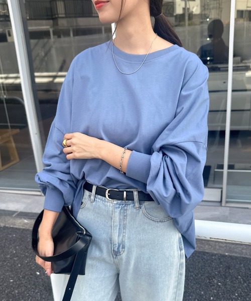 andme（アンドミー）の「【新色追加】無地ボーダーボリューム袖コットン長袖Tシャツ（Tシャツ/カットソー・レディース・チャコールグレー/ブラック/ベージュ/オフホワイト/ブルー/オートミール/スミクロ/ブラウン/ホワイト×ブラック/ベージュ系その他/ブルー系その他/ライトピンク/キナリ/ネイビー・M/L）」の13枚目の写真