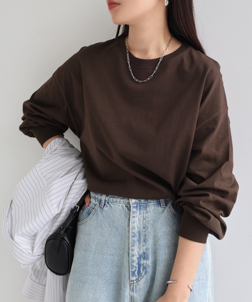 andme（アンドミー）の「【新色追加】無地ボーダーボリューム袖コットン長袖Tシャツ（Tシャツ/カットソー・レディース・チャコールグレー/ブラック/ベージュ/オフホワイト/ブルー/オートミール/スミクロ/ブラウン/ホワイト×ブラック/ベージュ系その他/ブルー系その他/ライトピンク/キナリ/ネイビー・M/L）」の8枚目の写真