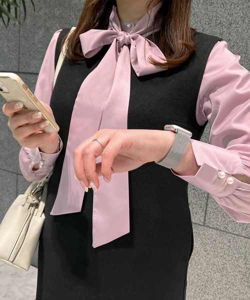 KOBE LETTUCE（コウベレタス）の「[ トールレタス ] ボウタイリボンSETパールボタンブラウス（シャツ/ブラウス・レディース・ネイビー/ブラック/アイボリー/ライラック・TL）」の8枚目の写真