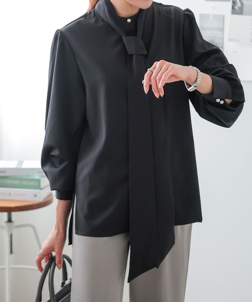 KOBE LETTUCE（コウベレタス）の「[ トールレタス ] ボウタイリボンSETパールボタンブラウス（シャツ/ブラウス・レディース・ネイビー/ブラック/アイボリー/ライラック・TL）」の16枚目の写真