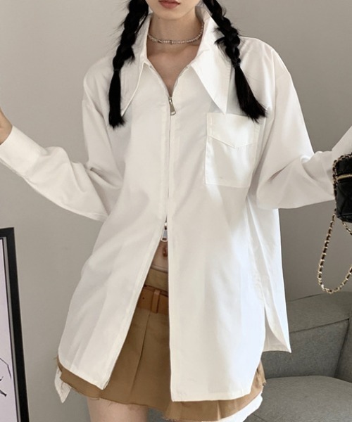 Vipoa（ヴィポア）の「BIGカラージップアップシャツ（シャツ/ブラウス・レディース・ブルー/ホワイト・FREE）」の3枚目の写真