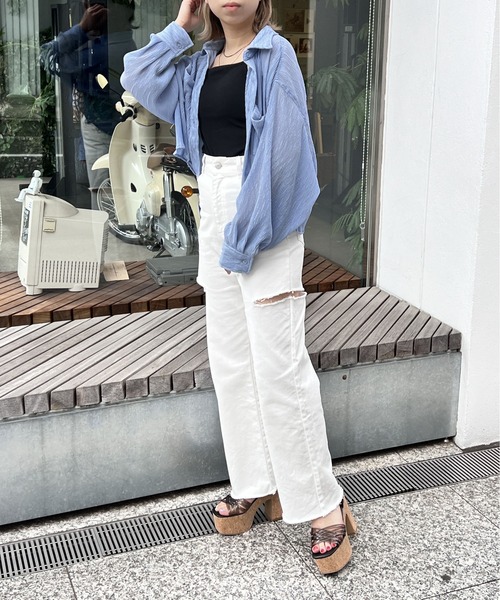 one way（ワンウェイ）の「シワ加工シア―シャツ（シャツ/ブラウス・レディース・ホワイト/ライトブルー/ライトグレー・FREE）」の11枚目の写真