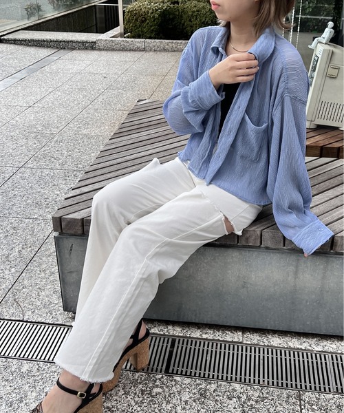 one way（ワンウェイ）の「シワ加工シア―シャツ（シャツ/ブラウス・レディース・ホワイト/ライトブルー/ライトグレー・FREE）」の5枚目の写真