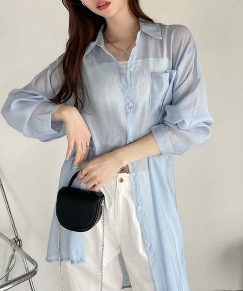 Eclat one(エクラワン)の「シアー ロングシャツ(シャツ/ブラウス・レディース・パープル/ブラック/オフホワイト/ライトブルー・FREE)」の8枚目の写真