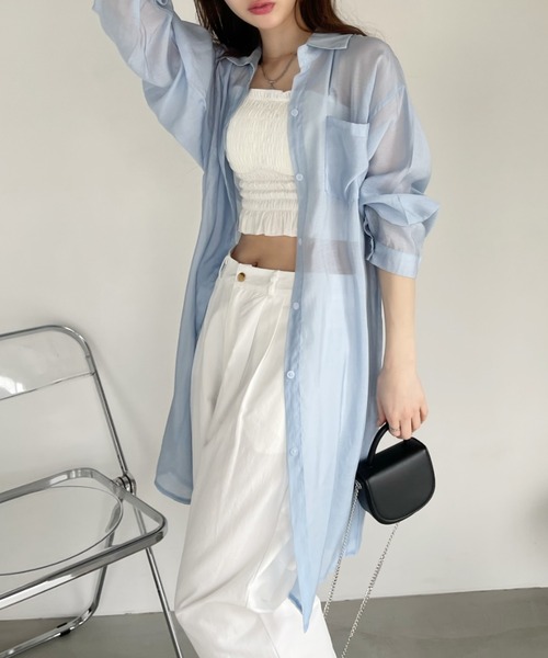 Eclat one(エクラワン)の「シアー ロングシャツ(シャツ/ブラウス・レディース・パープル/ブラック/オフホワイト/ライトブルー・FREE)」の12枚目の写真