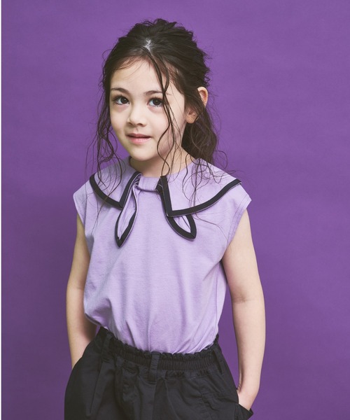 maarook（マルーク）の「天竺・モノトーンボーダーリボンタイTシャツ（Tシャツ/カットソー・キッズ・パープル/ホワイト・150cm/140cm/160cm）」の2枚目の写真