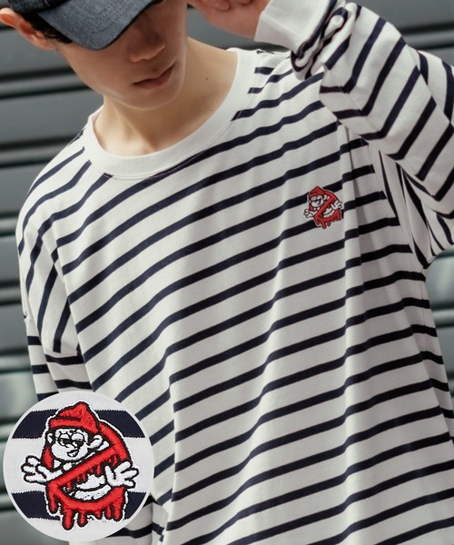 SIDEWAY STANCE（サイドウェイスタンス）の「【SIDEWAY STANCE】ボーダー/リンガー ワンポイント 刺繍 ロンT（Tシャツ/カットソー・メンズ・ホワイト系1/ホワイト/ホワイト系/ブラック系1/ブラック/ブラック系/ホワイト系2/ブラック系2/ホワイト系3/ブラック系3/ブラック系4/ホワイト系4・LARGE/MEDIUM/X-LARGE/SMALL）」の2枚目の写真